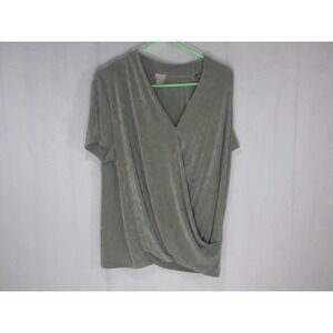 Chico's Travelers Top‎ L Size 2 Green Velour Slinky Knit Faux Wrap V Neck